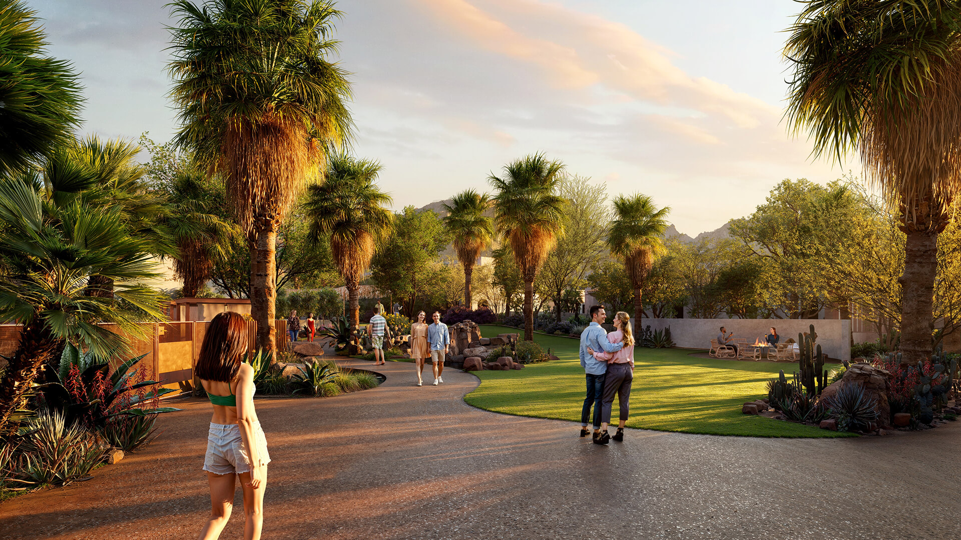 walkway with people and palm trees