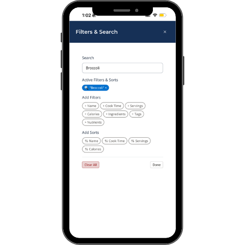 Mobile screen displaying a filters and search interface with 'Broccoli' entered in the search bar and active filter selected, plus options to add filters and sorts for name, cook time, servings, calories, ingredients, tags, and nutrients.