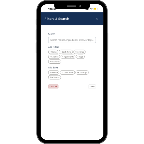 Mobile app screen showing filters and search options for recipes, including search bar, filters for name, cook time, servings, calories, ingredients, tags, and nutrients, and sort options with buttons for clearing and done.