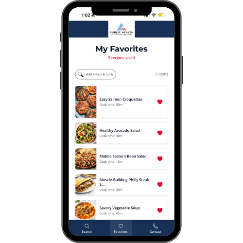 Mobile app screen showing a favorites list of five recipes with thumbnail images, titles, cook times, and heart icons for favorites.