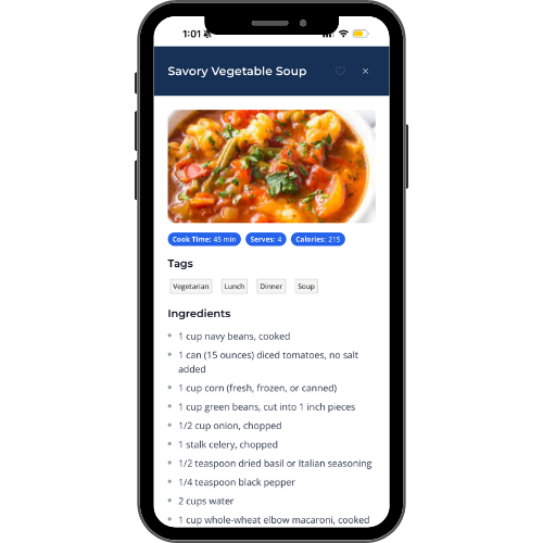 Smartphone displaying a Savory Vegetable Soup recipe with an image of the soup, cook time, servings, calories, tags, and ingredients list.