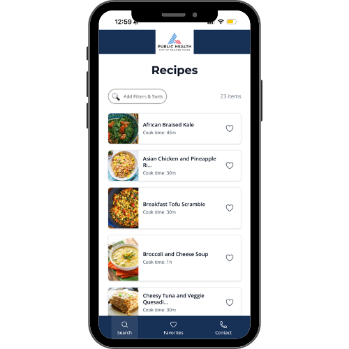 Mobile app screen showing a recipe list from Public Health with dishes like African Braised Kale, Asian Chicken and Pineapple, Breakfast Tofu Scramble, Broccoli and Cheese Soup, and Cheesy Tuna Quesadilla.