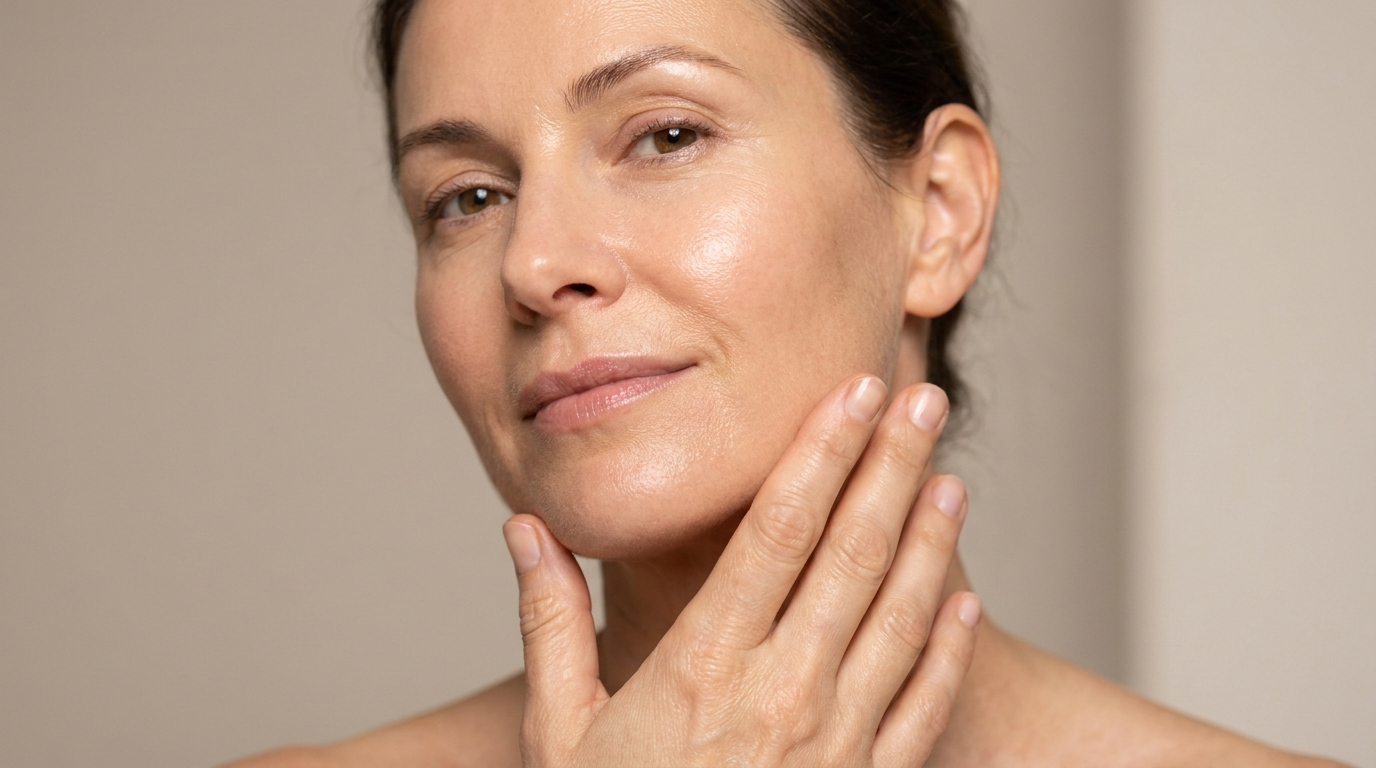 Woman with smooth, firm, glowing skin gently touching her jawline after Morpheus8 radiofrequency microneedling