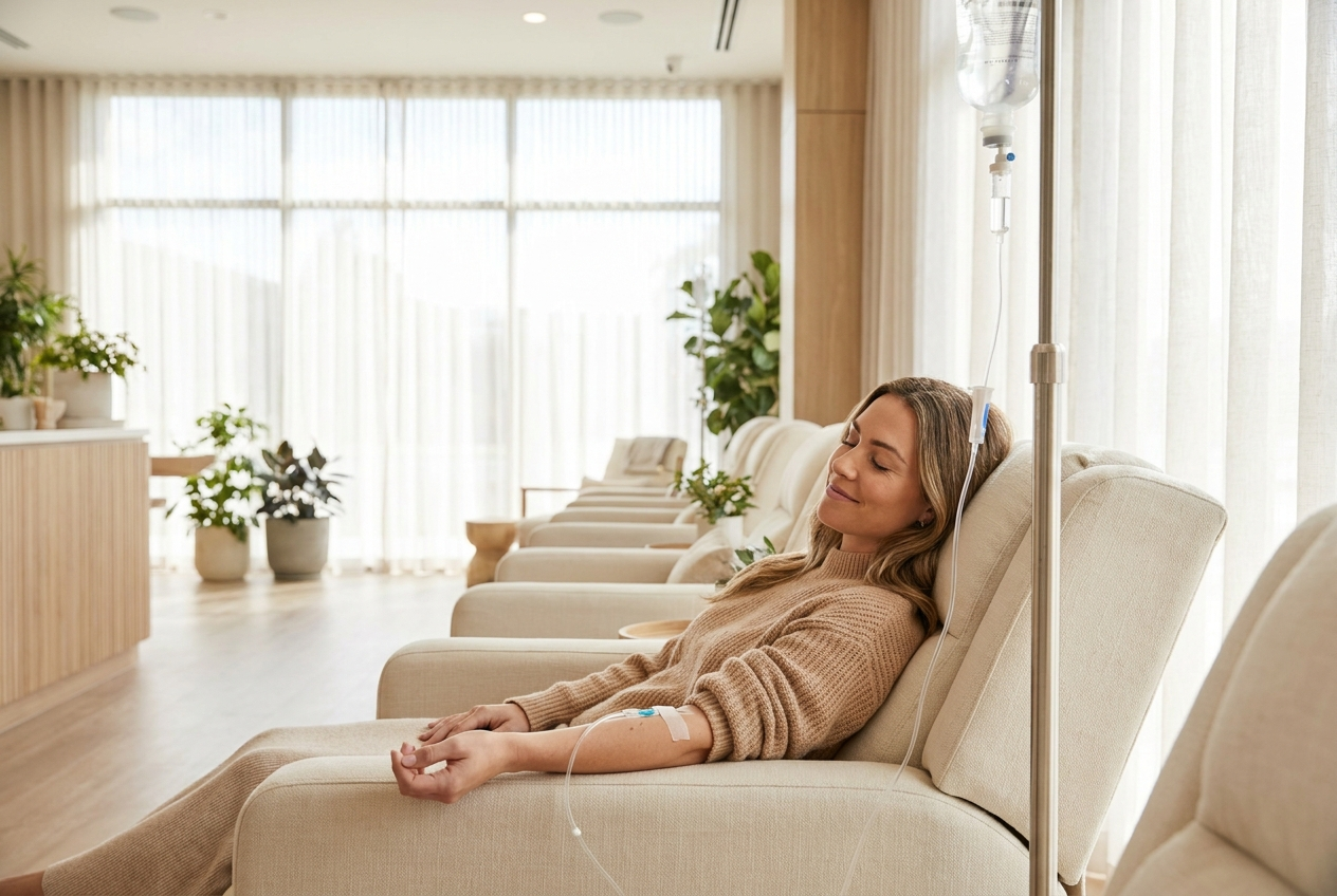 Woman relaxing during an IV therapy drip in a bright, upscale wellness lounge at Bixby Aesthetic Solutions in Bixby, OK