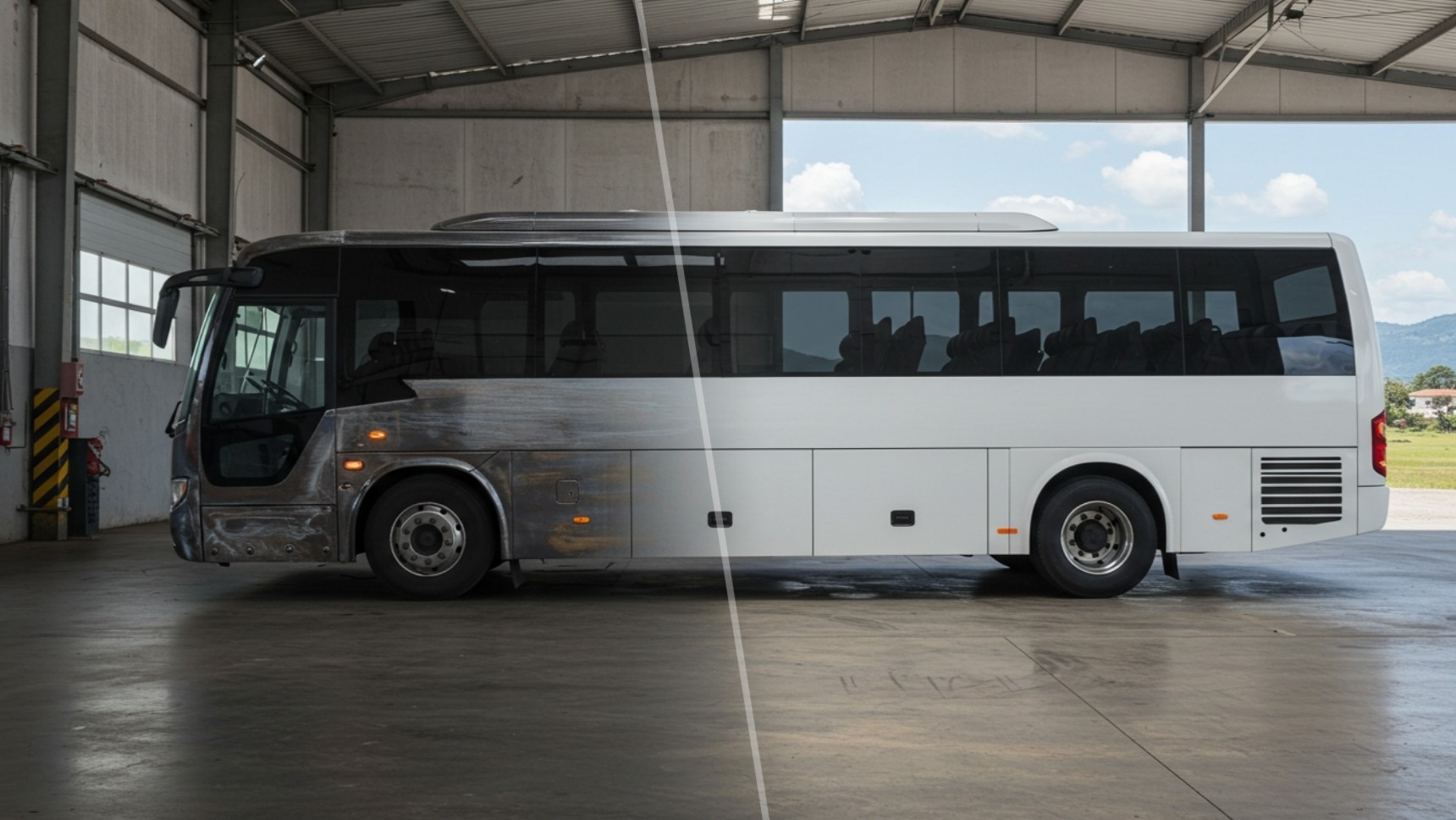 Bus de Yutong con una mitad raspada y sin pintura y otra mitad en perfecto estado