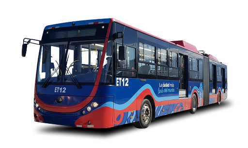 Vista 3/4 del trolebus de Quito