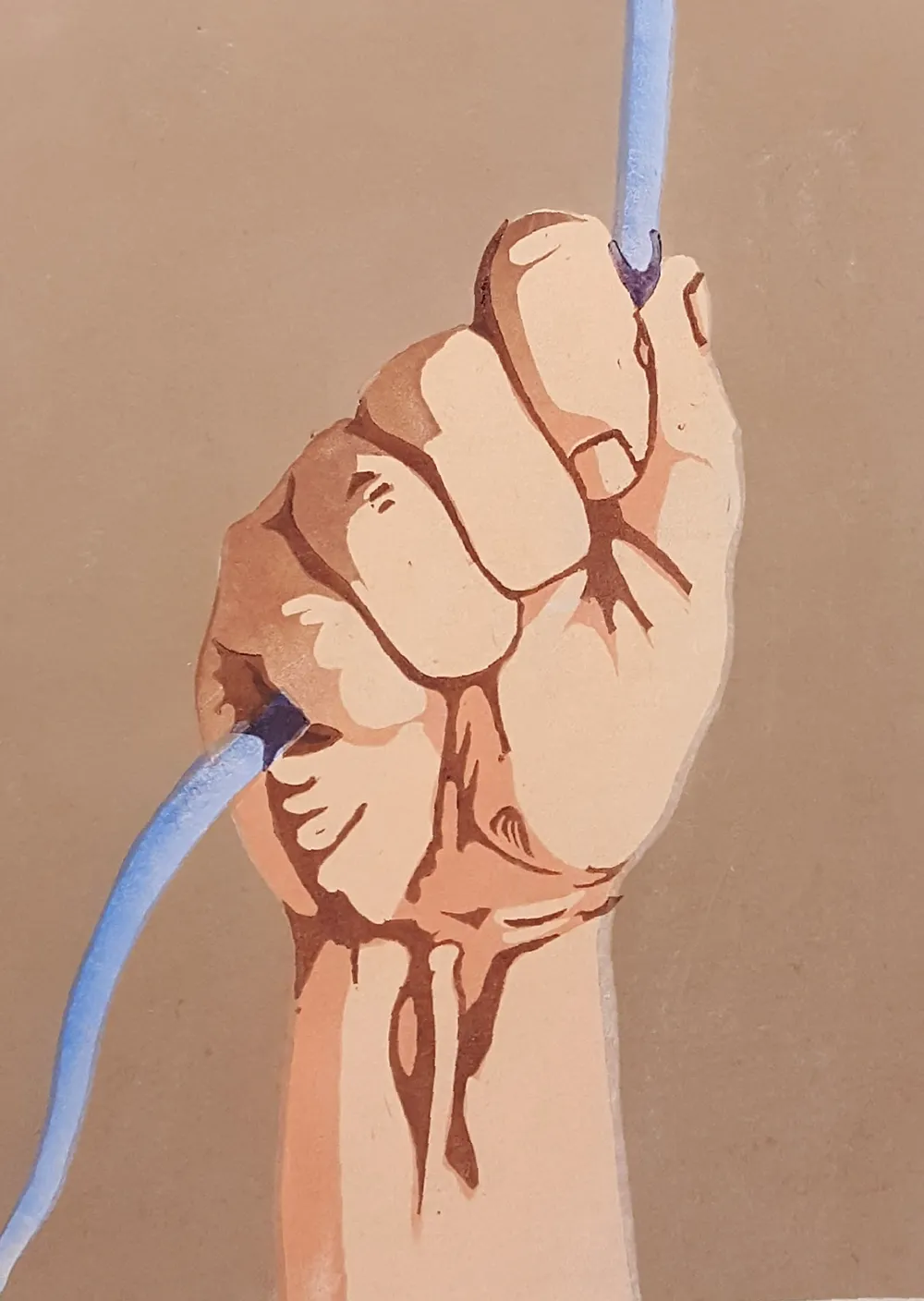 Artwork by Robb Quisling illustrating a tightly clenched hand gripping a taut blue cord, veins and tendons accentuated by warm shading. The image powerfully conveys physical strain and emotional grip, resonating with his explorations of connection and holding on.
