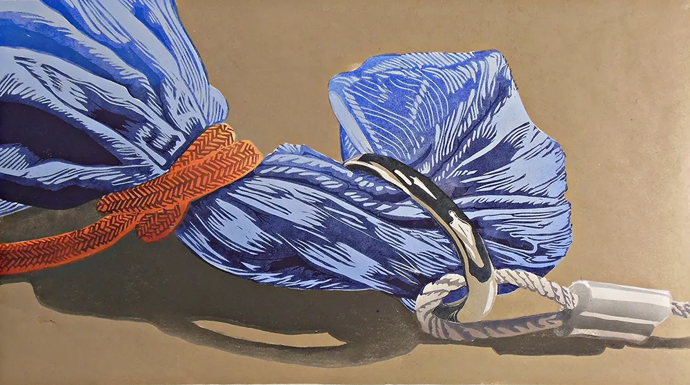 Color print by Robb Quisling depicting two bundles of blue rope cinched by an orange band and a gleaming metal ring. Set against a muted brown backdrop, the composition emphasizes texture, control, and the delicate balance between capture and release.