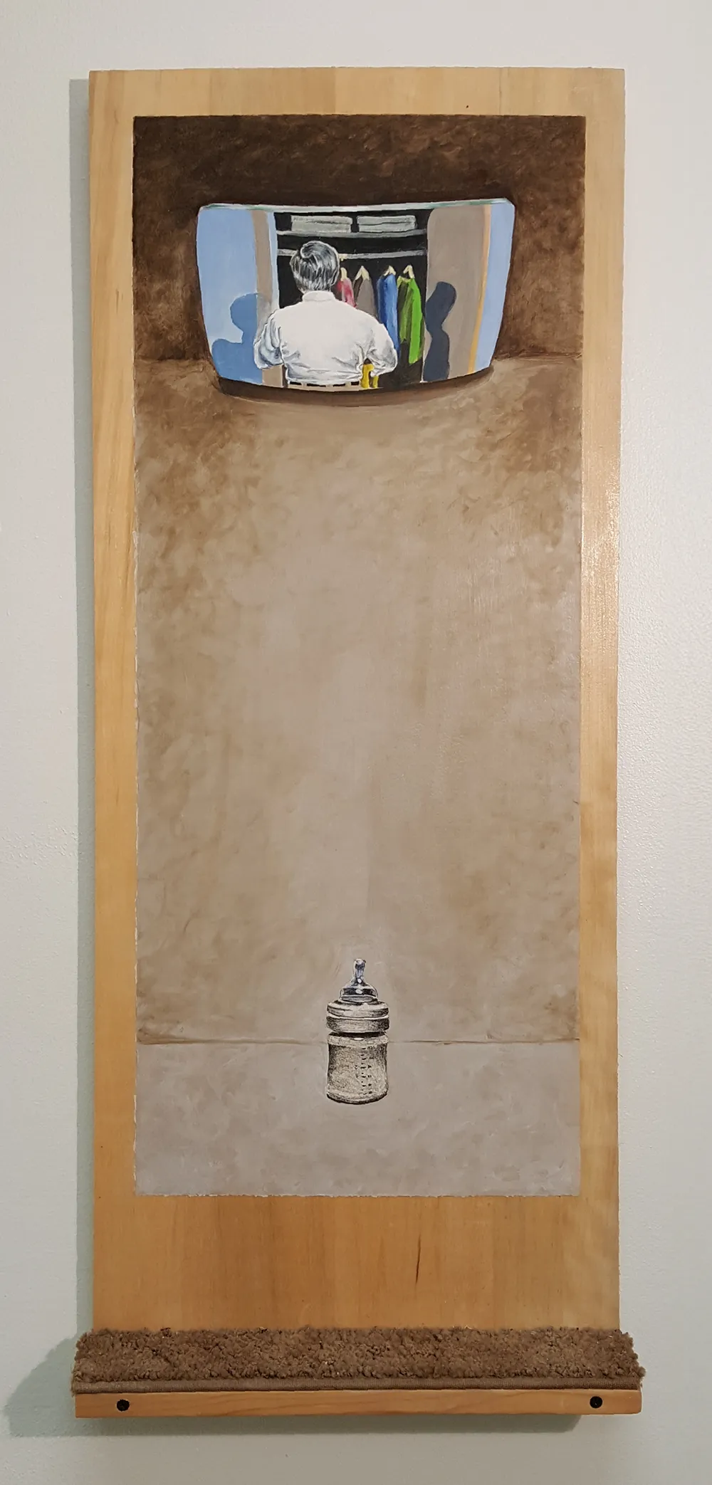 Mixed-media piece by Robb Quisling featuring a narrow vertical panel with a man’s back reflected in a TV-like screen above a small baby bottle. The composition juxtaposes domestic familiarity and childhood need, evoking memory and longing.
