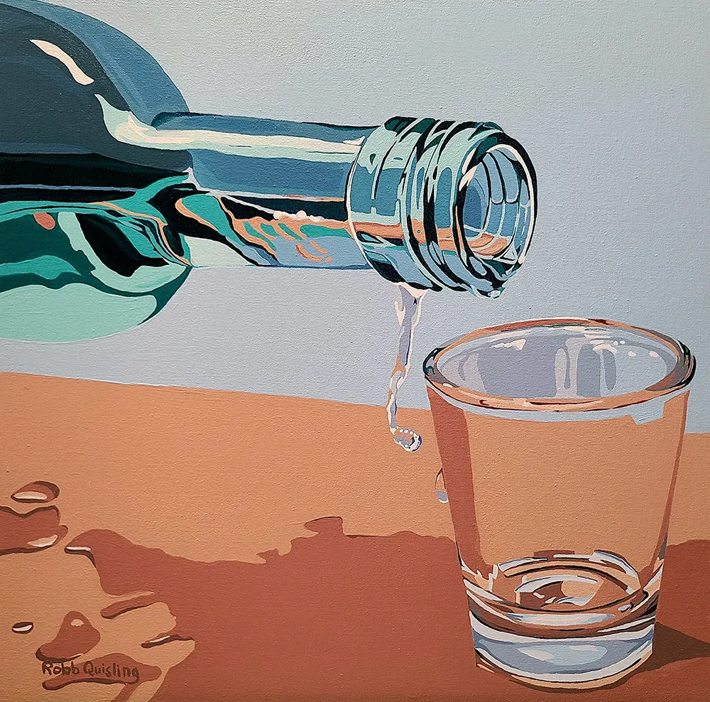 Painting by Robb Quisling featuring a green bottle tilted over a shot glass on a peach surface, with droplets suspended midair. The scene’s precision captures the ritualistic pull of drinking, balanced between pleasure and risk.