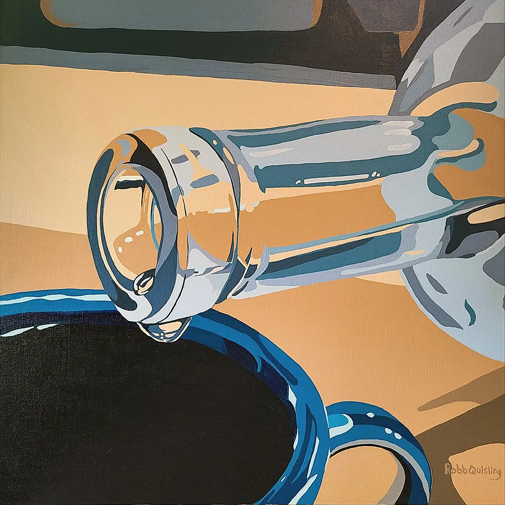 Painting by Robb Quisling depicting a tipped glass bottle poised above a blue coffee mug, with a single droplet about to fall. The quiet tension captures anticipation and the delicate edge of excess.