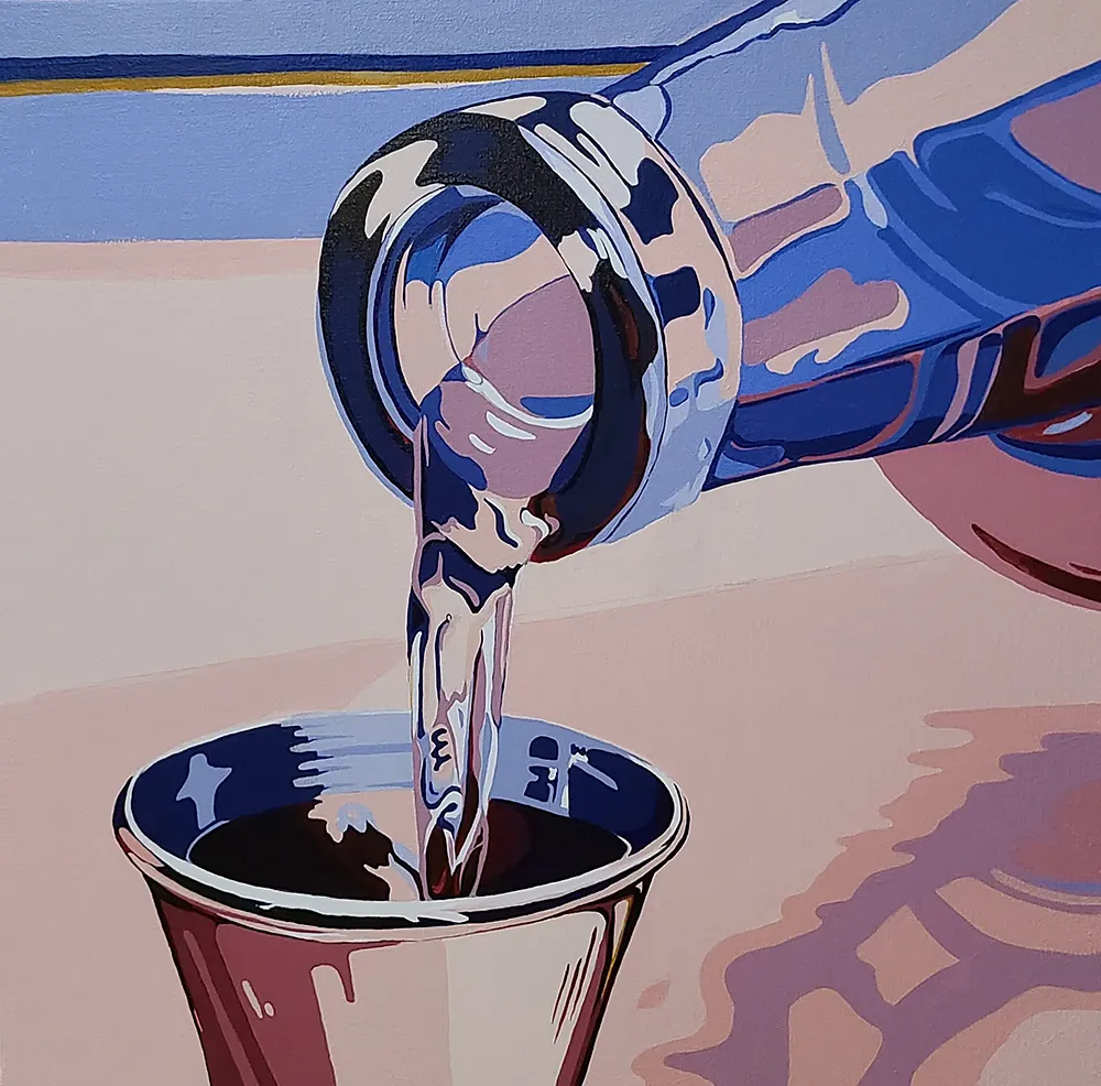 Painting by Robb Quisling of a bottle pouring clear liquid into a small metallic cup against soft pink and lavender tones. The reflective surfaces amplify a sense of allure mixed with quiet danger.
