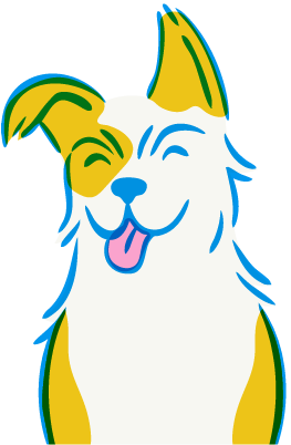 Cartoon illustration of a happy dog with one ear flipped and tongue out.