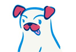 Cartoon white dog with pink ears, black nose, and tongue sticking out.