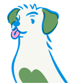 Illustration of a happy white dog with green ears and heart-shaped marking on its chest sticking out its tongue.