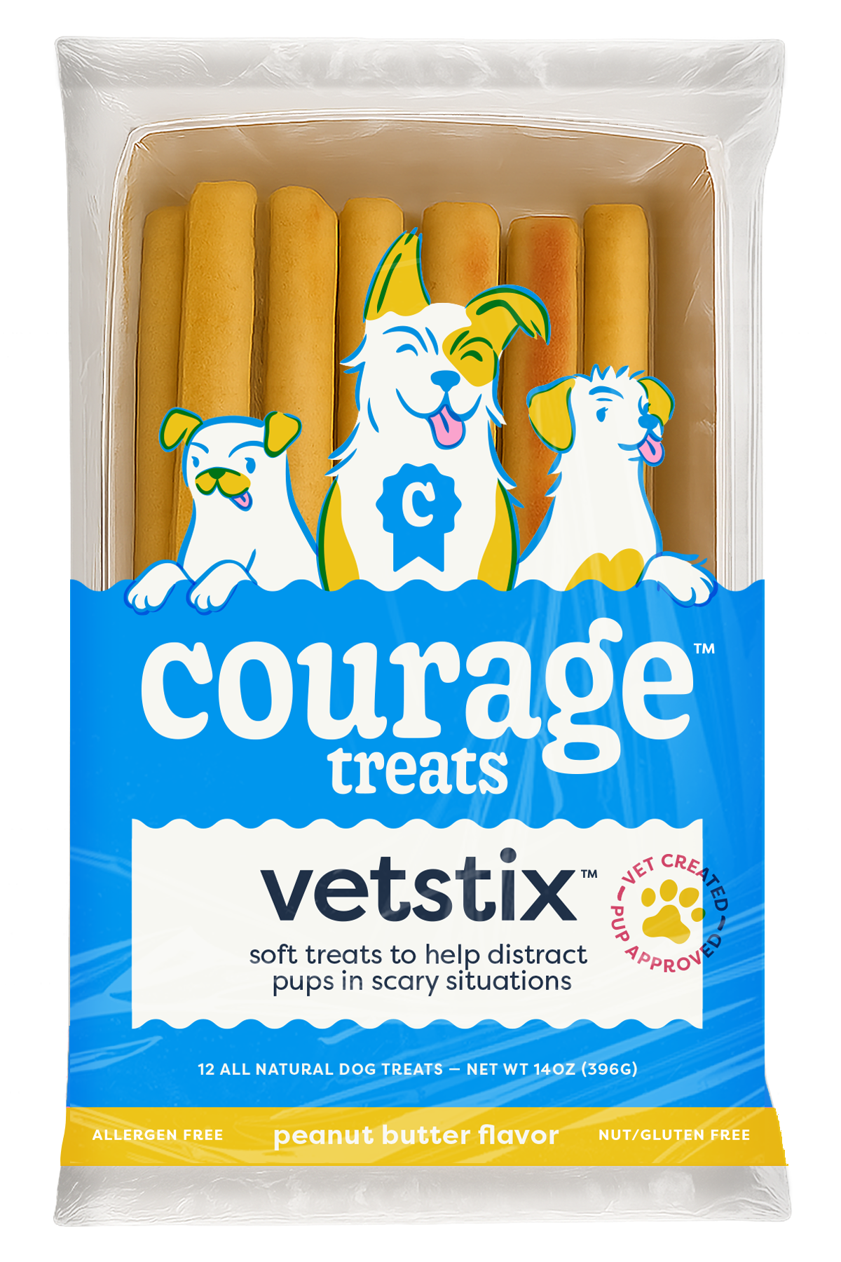 Package of Courage Treats Vetstix peanut butter flavored dog treats with cartoon dogs on blue and yellow packaging.