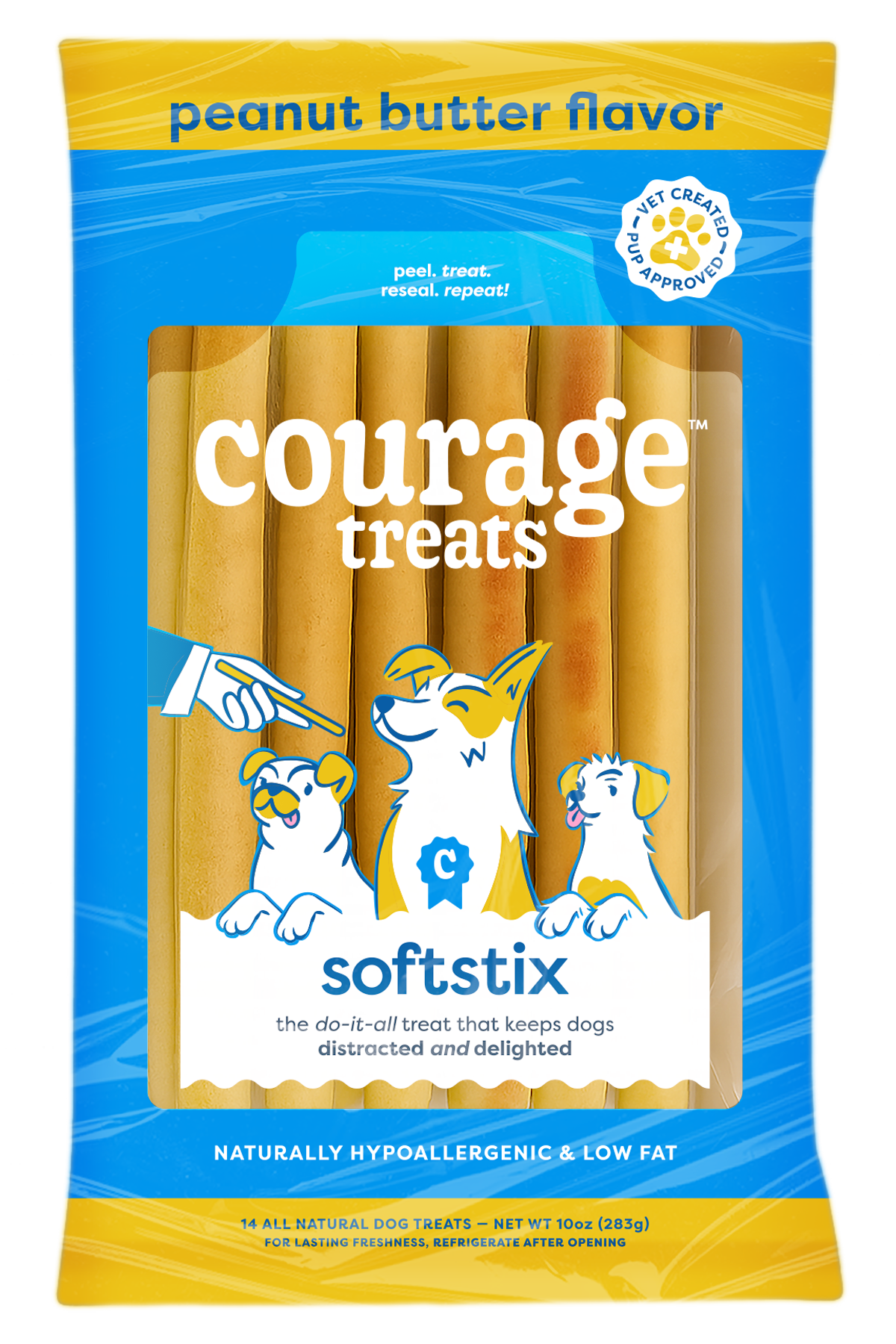 Package of Courage Treats Vetstix peanut butter flavored dog treats with cartoon dogs on blue and yellow packaging.