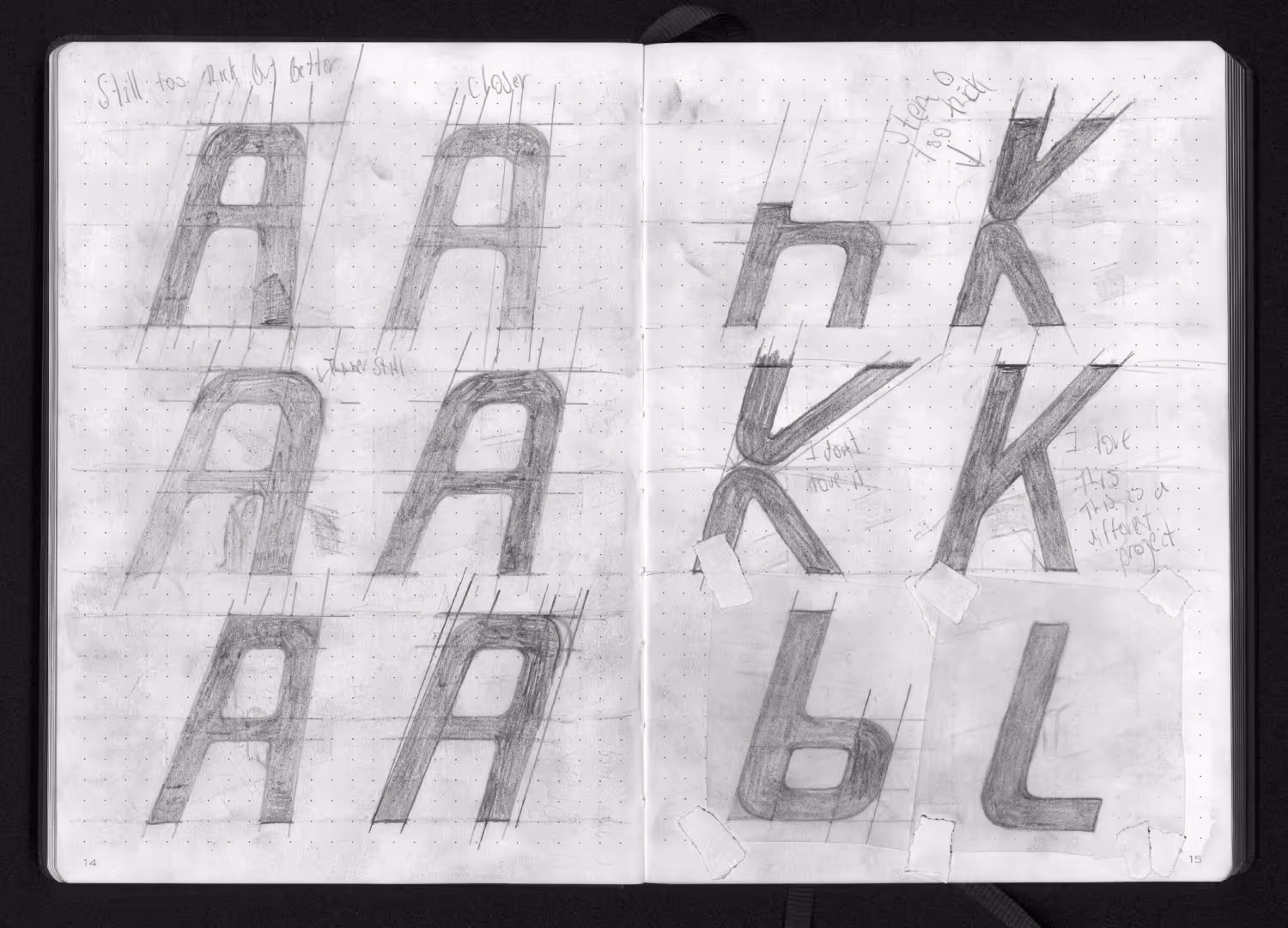 Pencil sketches refining geometric sans-serif letters “A,” “K,” “B,” and “L” on grid paper.