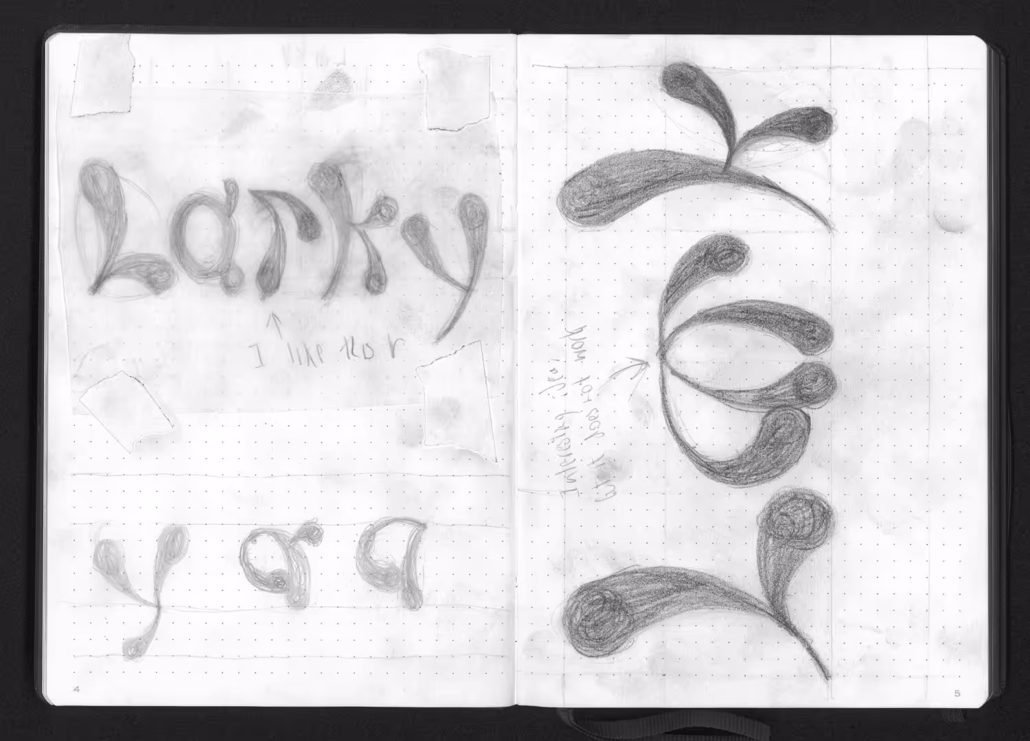 Pencil-drawn “Larky” lettering concept with droplet-shaped forms and design notes.