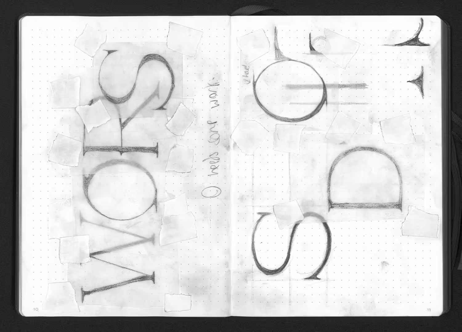 Traced and shaded serif letterforms for “WORDS” with refinement notes and overlays.