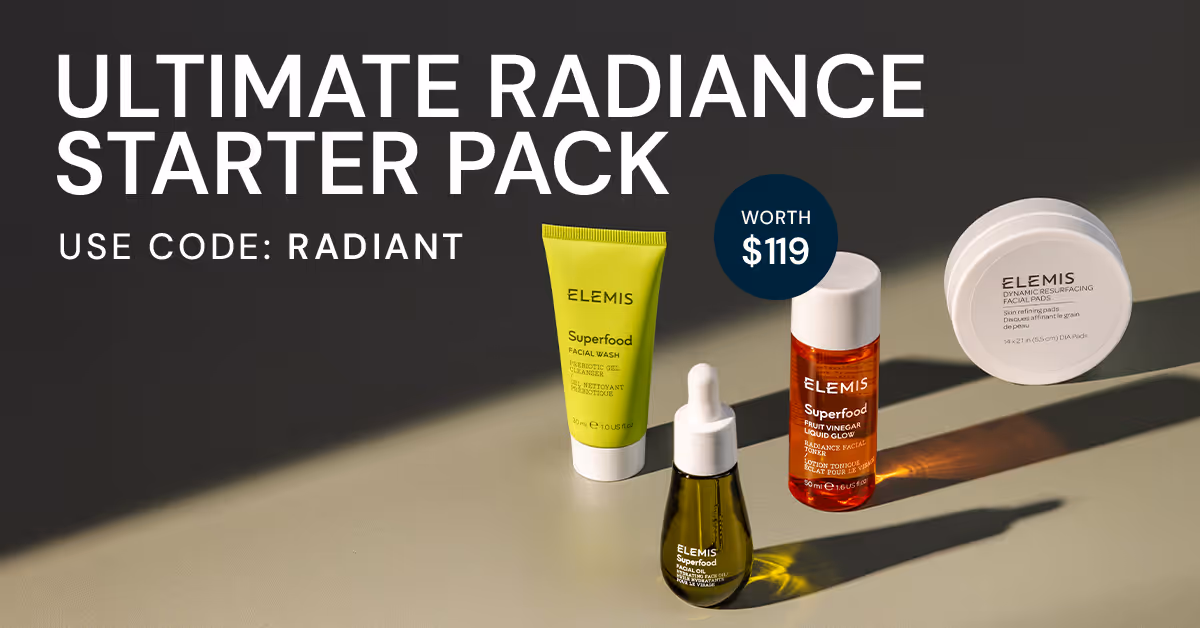 ELEMIS Ultimate Radiance Starter Pack featuring Superfood skincare and Dynamic Resurfacing Facial Pads, worth $119.