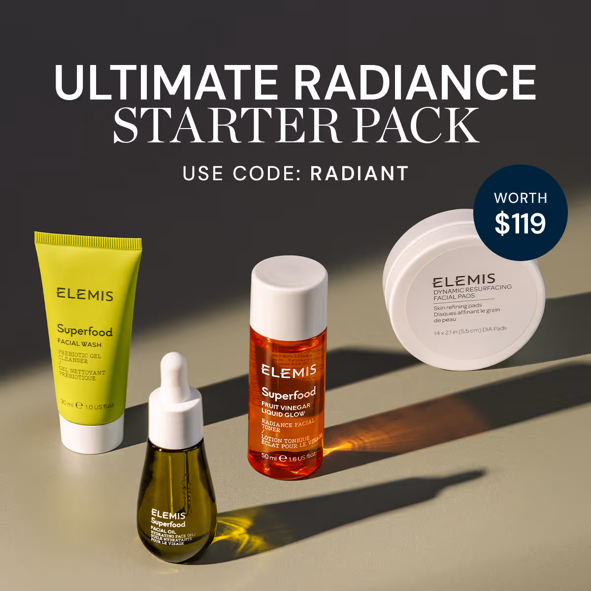 ELEMIS Ultimate Radiance Starter Pack with Superfood facial wash, oil, toner, and Dynamic Resurfacing Facial Pads.