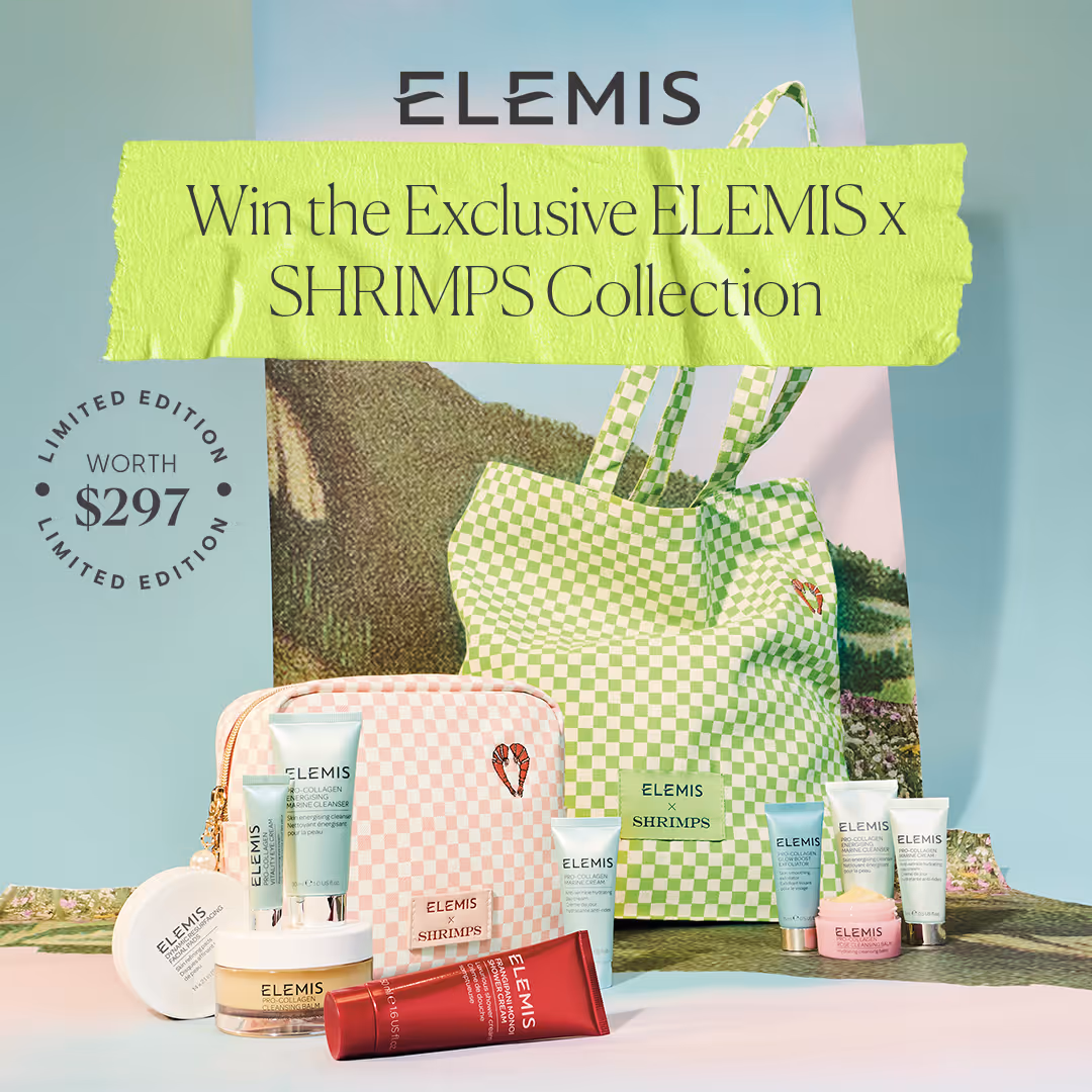 ELEMIS x Shrimps limited edition collection with green and pink check bags and Pro-Collagen skincare, worth $297.
