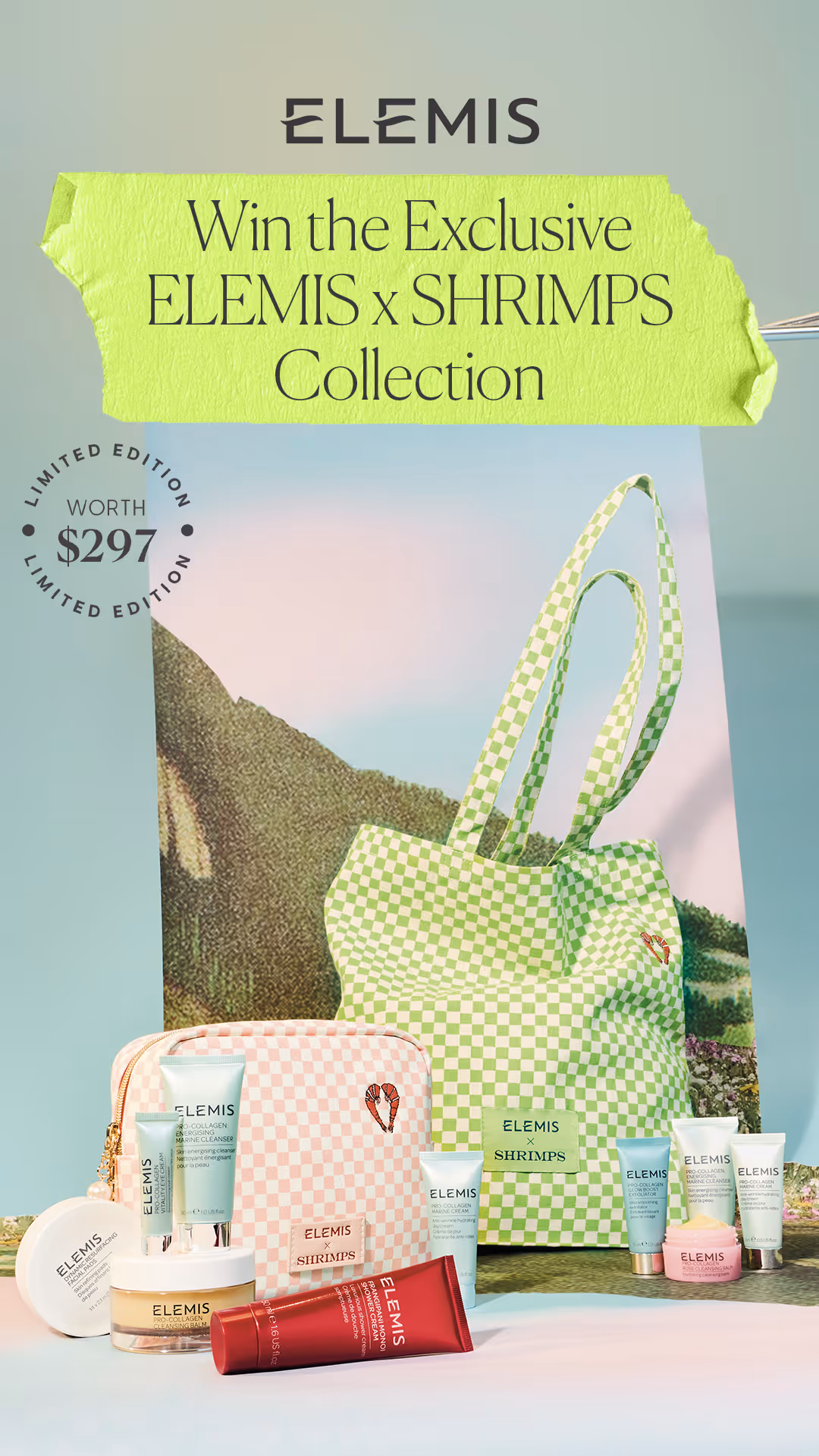 ELEMIS x Shrimps limited edition set featuring green and pink check bags with Pro-Collagen skincare, worth $297.
