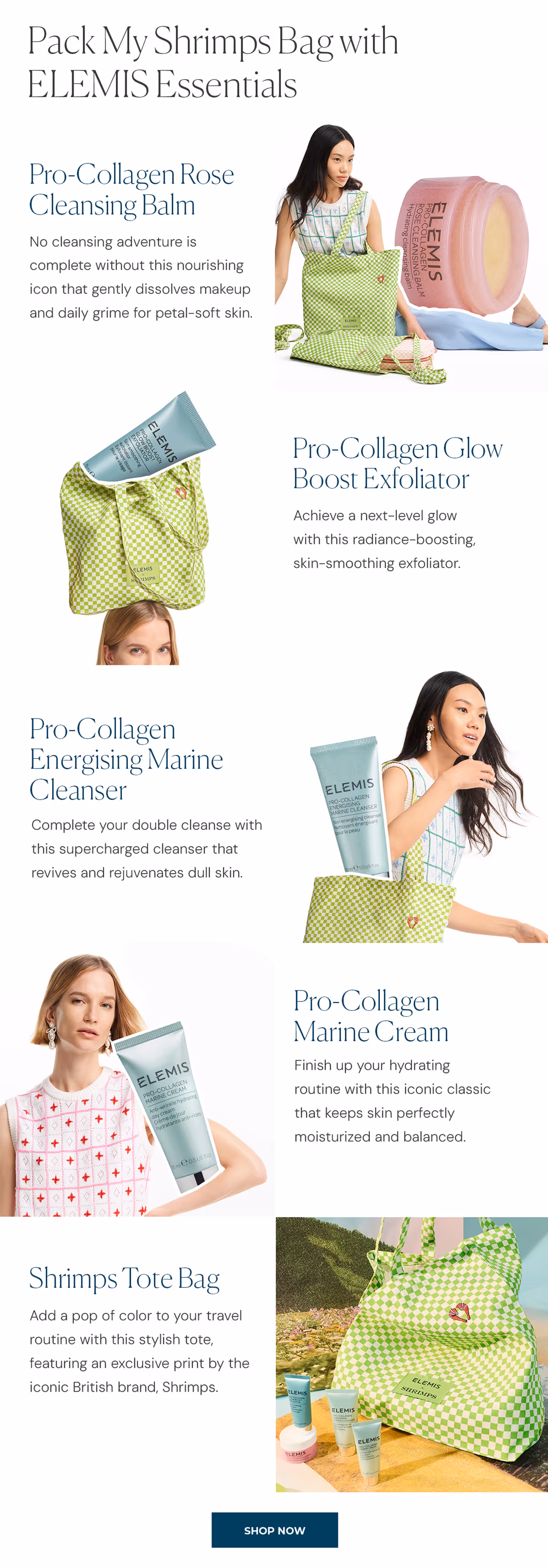 Product showcase of Pro-Collagen skincare line with Shrimps tote bag, including balm, exfoliator, cleanser, and marine cream.