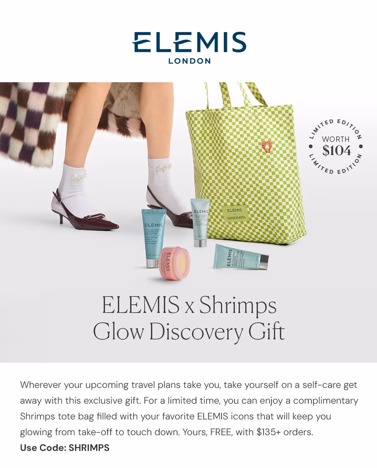 ELEMIS x Shrimps Glow Discovery Gift featuring green check tote bag and four Pro-Collagen skincare products in styled flat lay.
