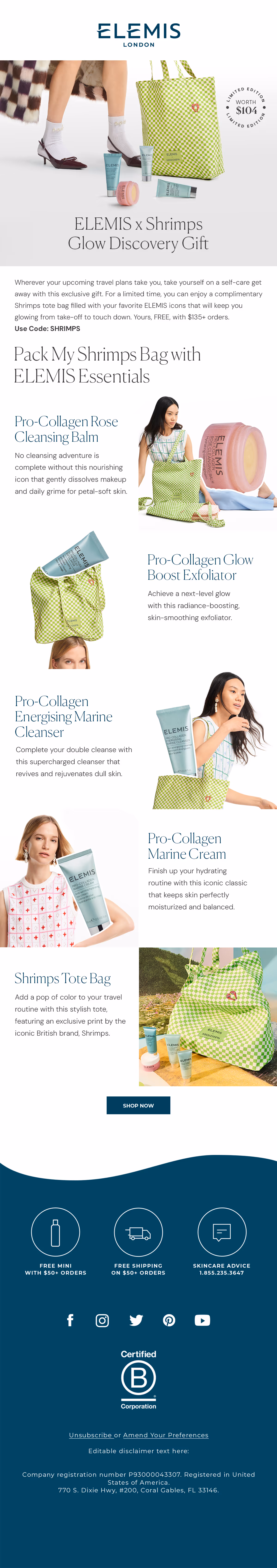Email ad for ELEMIS x Shrimps Glow Discovery Gift with tote bag, Pro-Collagen skincare products, and lifestyle product images.