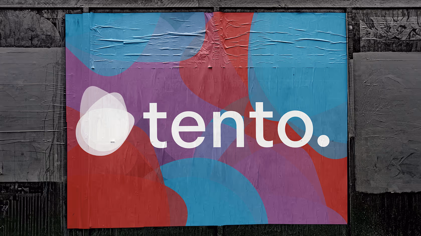 Street poster with bold “tento” text over red, blue, and purple abstract shapes, promoting Tento Skincare.