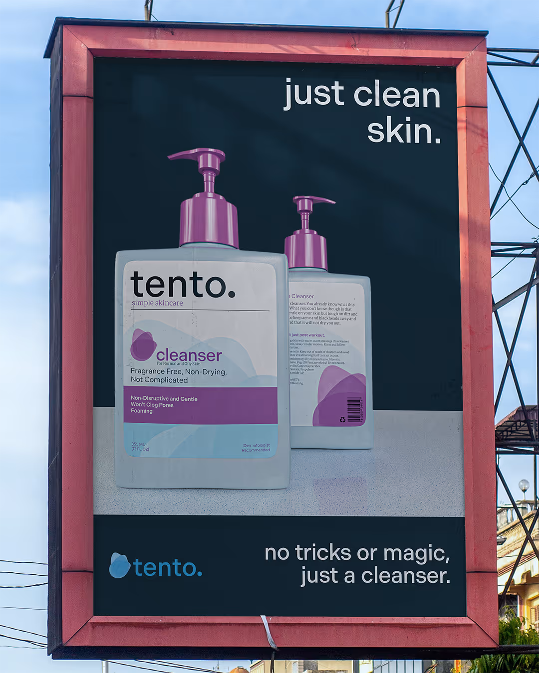 Outdoor ad for Tento Skincare Simple Cleanser with “just a cleanser” headline and minimalist design.