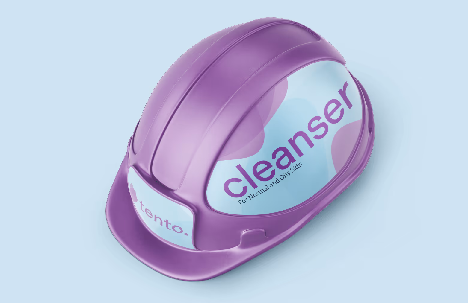 Purple safety hard hat with “cleanser” label and Tento Skincare logo, for normal and oily skin promotion.