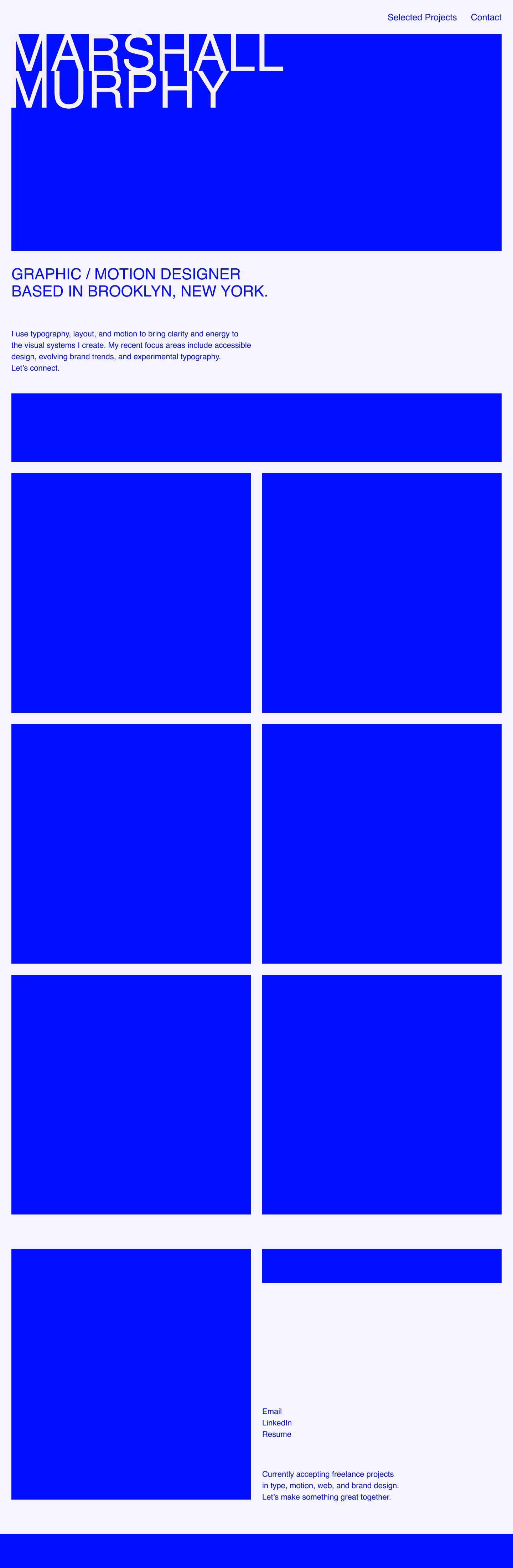 Desktop homepage mockup of portfolio layout with header, intro text, staggered project grid, and footer links.