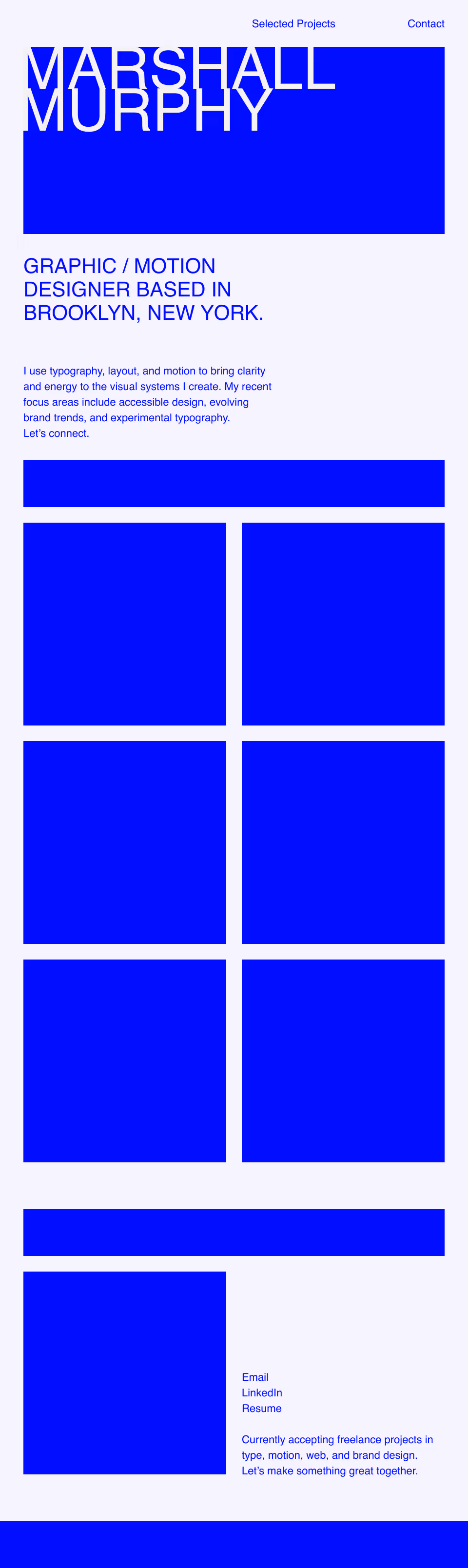 Tablet homepage mockup of portfolio layout with header, intro text, two-column project grid, and footer links.