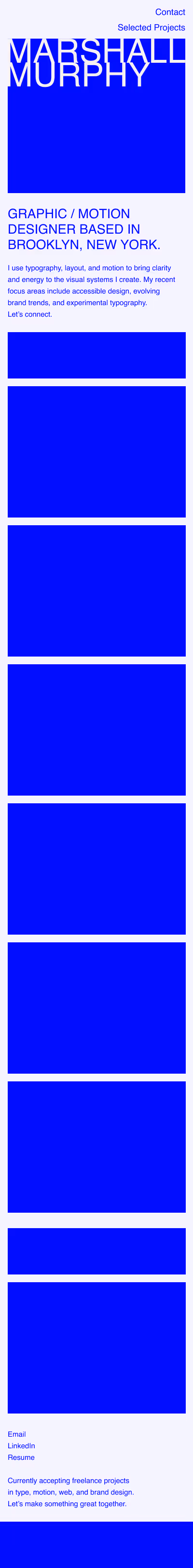 Mobile homepage mockup of portfolio layout with stacked navigation, single-column project placeholders, and footer links.