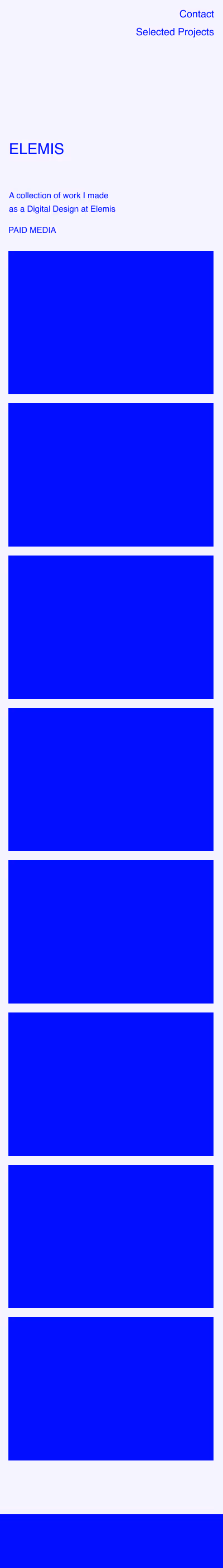 Mobile vertical project page mockup with header, section titles, and single-column project placeholders.
