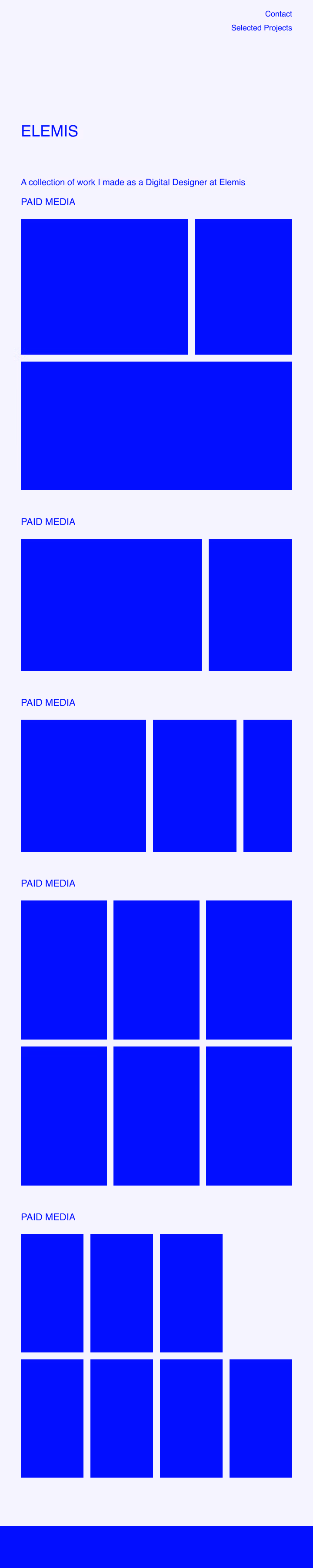 Landscape project page mockup with header, section titles, and grid of project placeholders.
