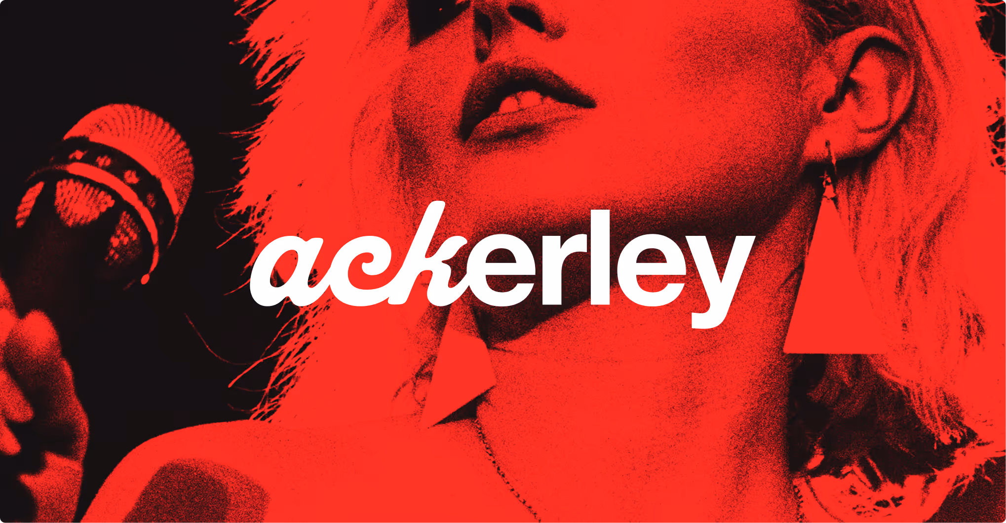 Close-up of a woman holding a microphone, tinted red with 'ackerley' text overlaying her face.
