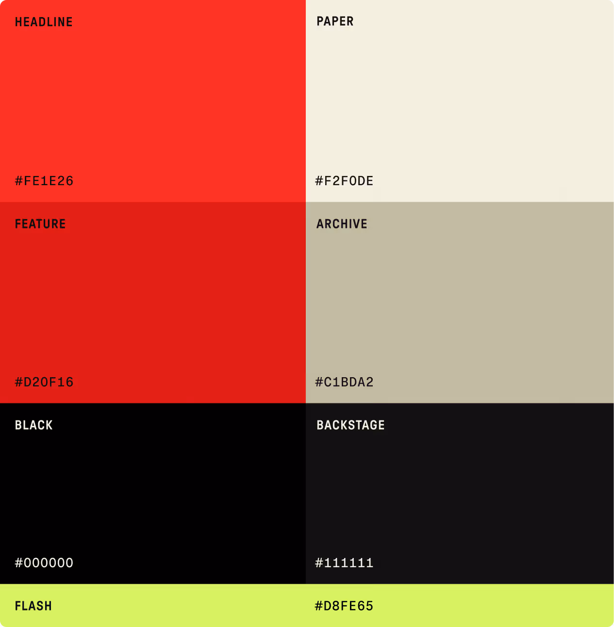 Color palette with red, beige, black, and light green blocks labeled with names and hex codes.
