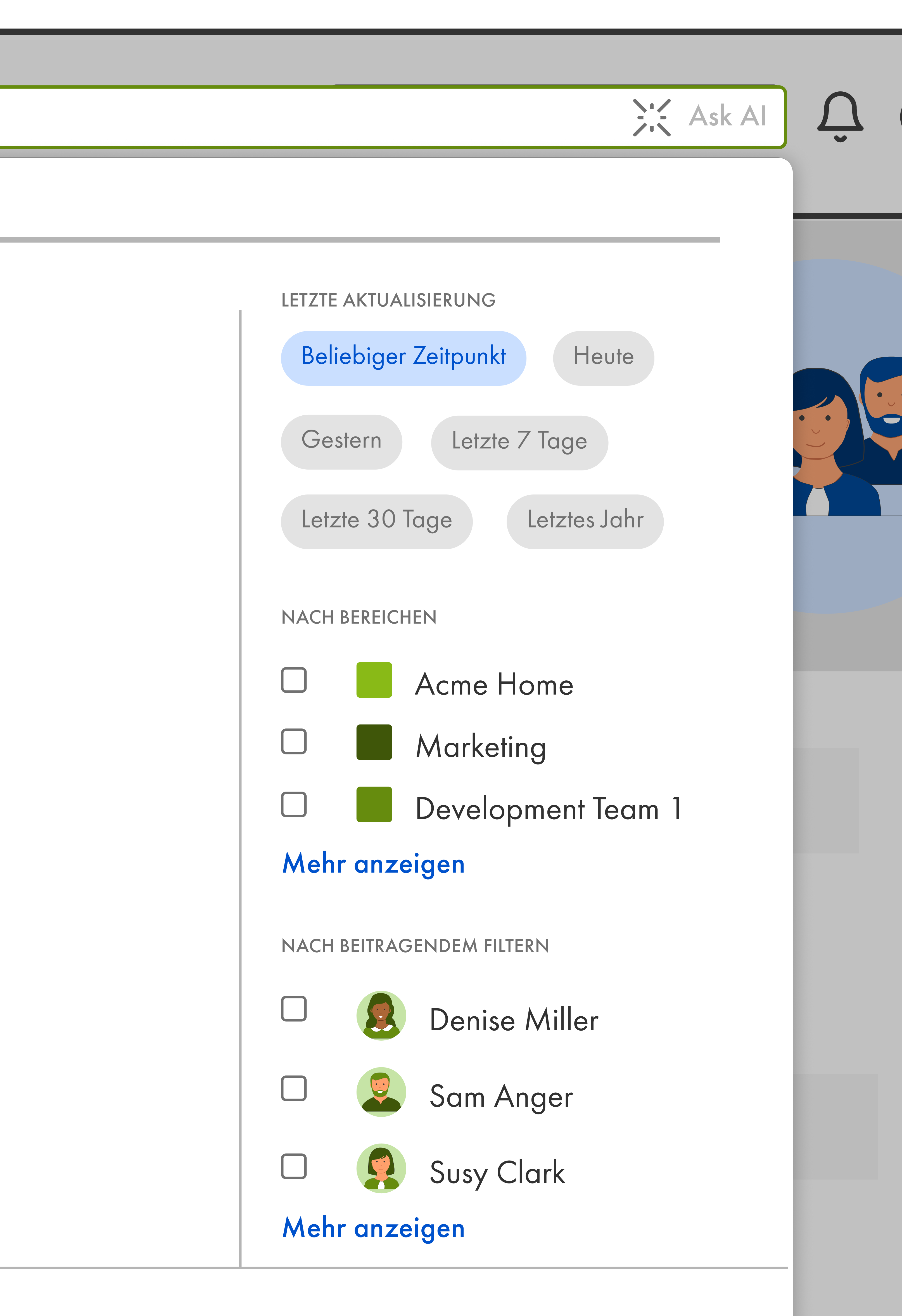 Filteroptionen in der Confluence Suche