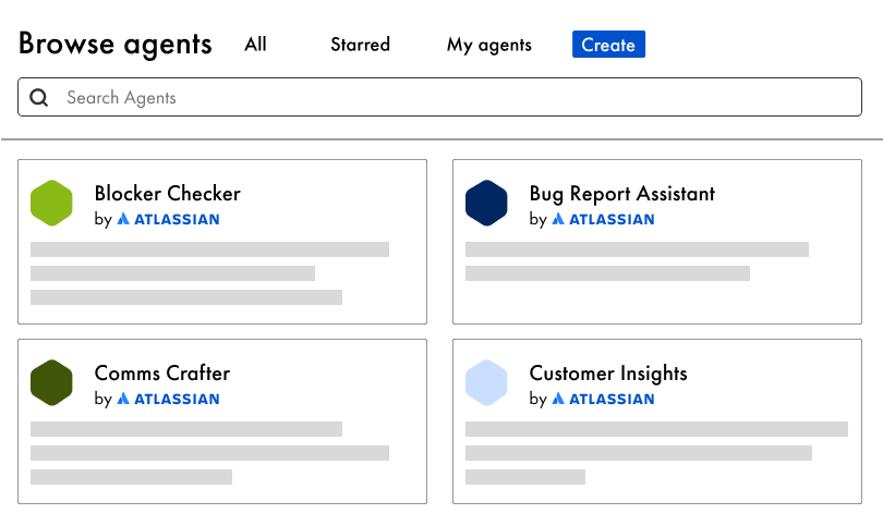 Der Agenten Browser liefert eine Übersicht mit kurzer Beschreibung aller verfügbaren Rovo Agenten.