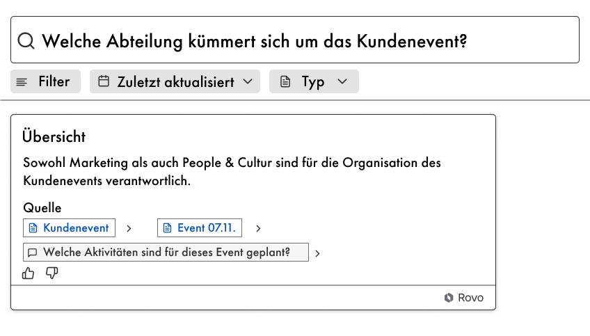 Auf Knowledge Cards fasst Rovo gefundene Informationen im passenden Kontext zusammen.  
