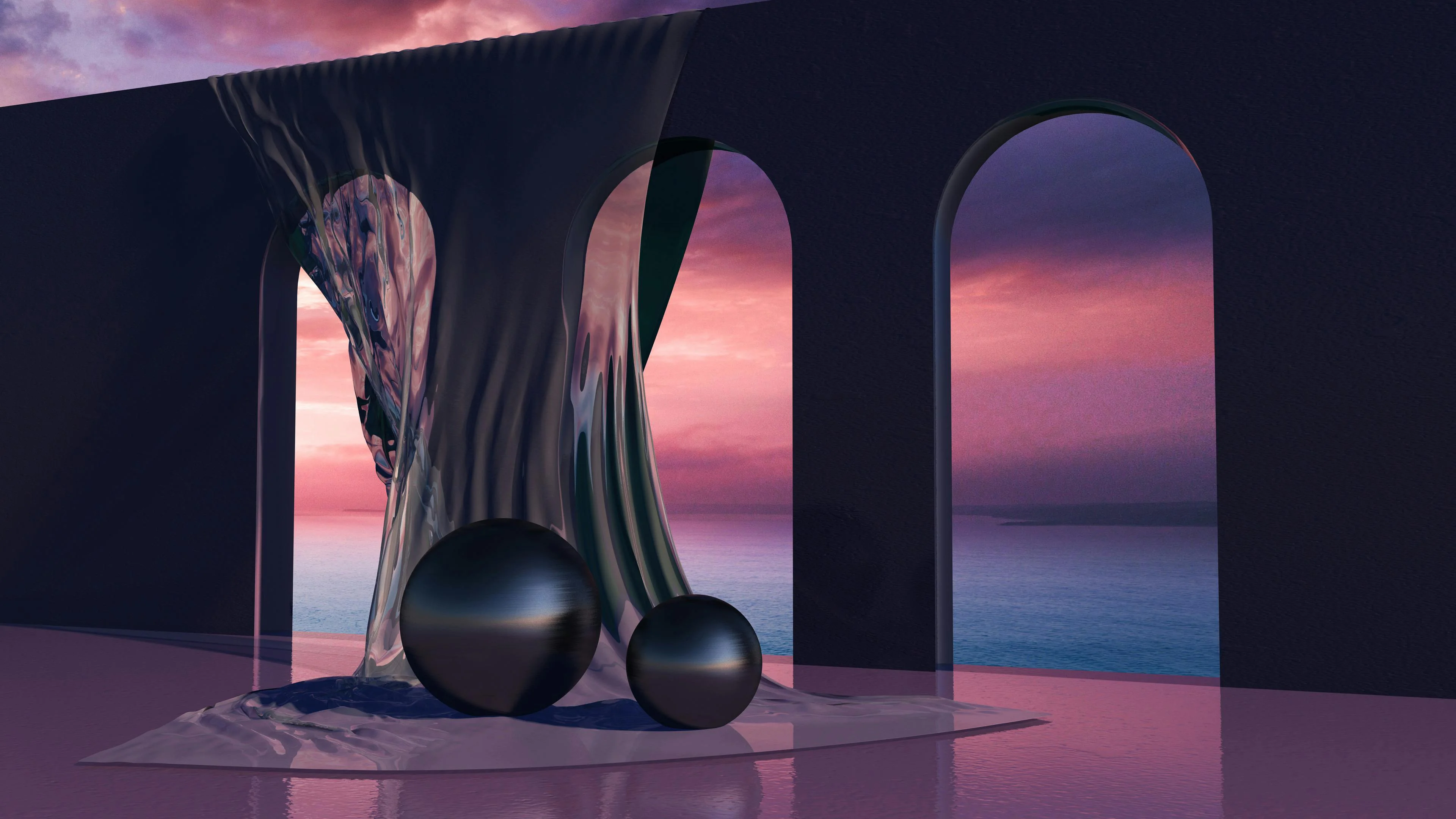 Surreal scene with two large metallic spheres on a reflective surface near an arched wall overlooking a pink and purple sunset ocean.