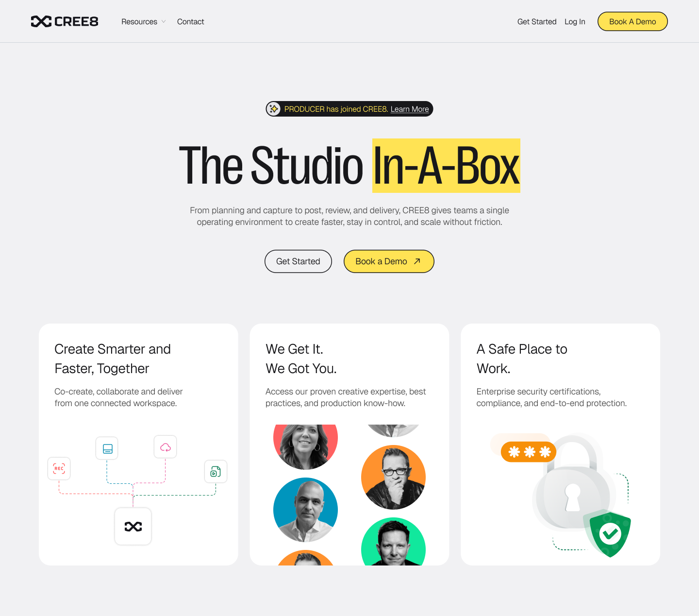 Homepage banner for CREE8 studio software featuring tagline 'The Studio In-A-Box,' navigation links, call-to-action buttons, and sections about collaboration, creative expertise, and security.
