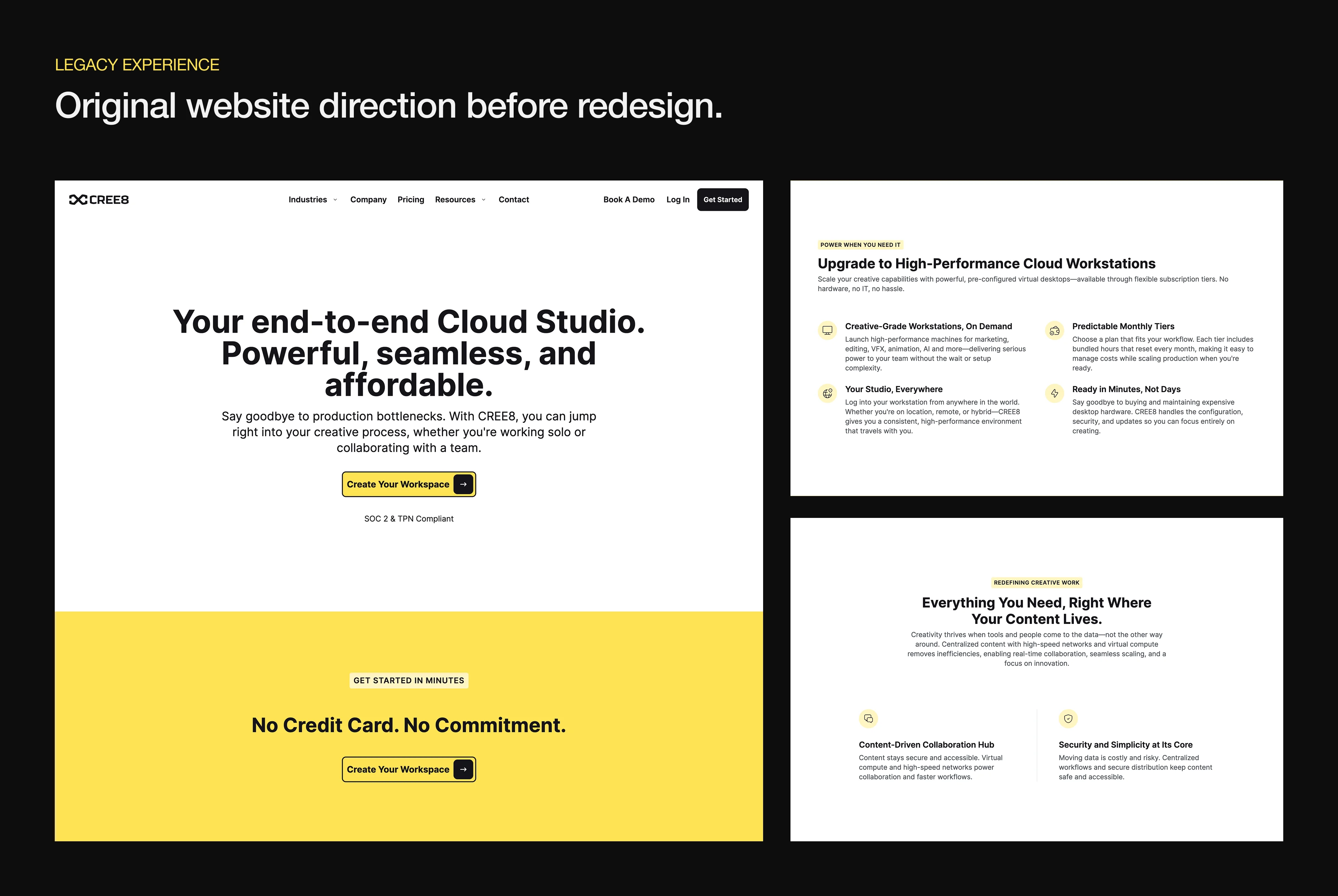 Website screenshot showing CREE8's original homepage with cloud studio promotion, upgrade features, and collaboration benefits in a black, white, and yellow theme.