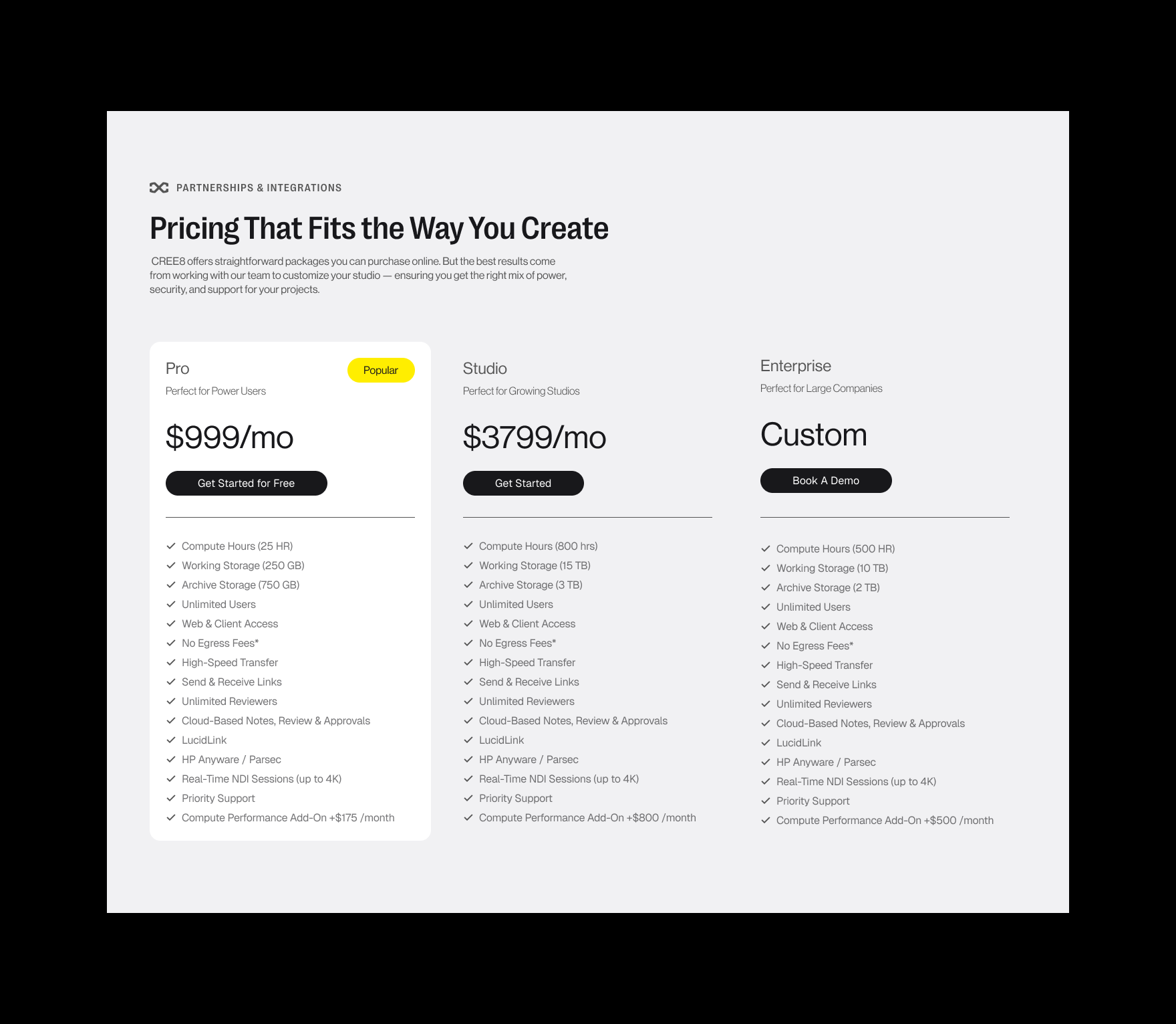 Pricing plans comparison for Pro, Studio, and Enterprise with features and monthly costs including compute hours, storage, users, support, and add-on pricing.