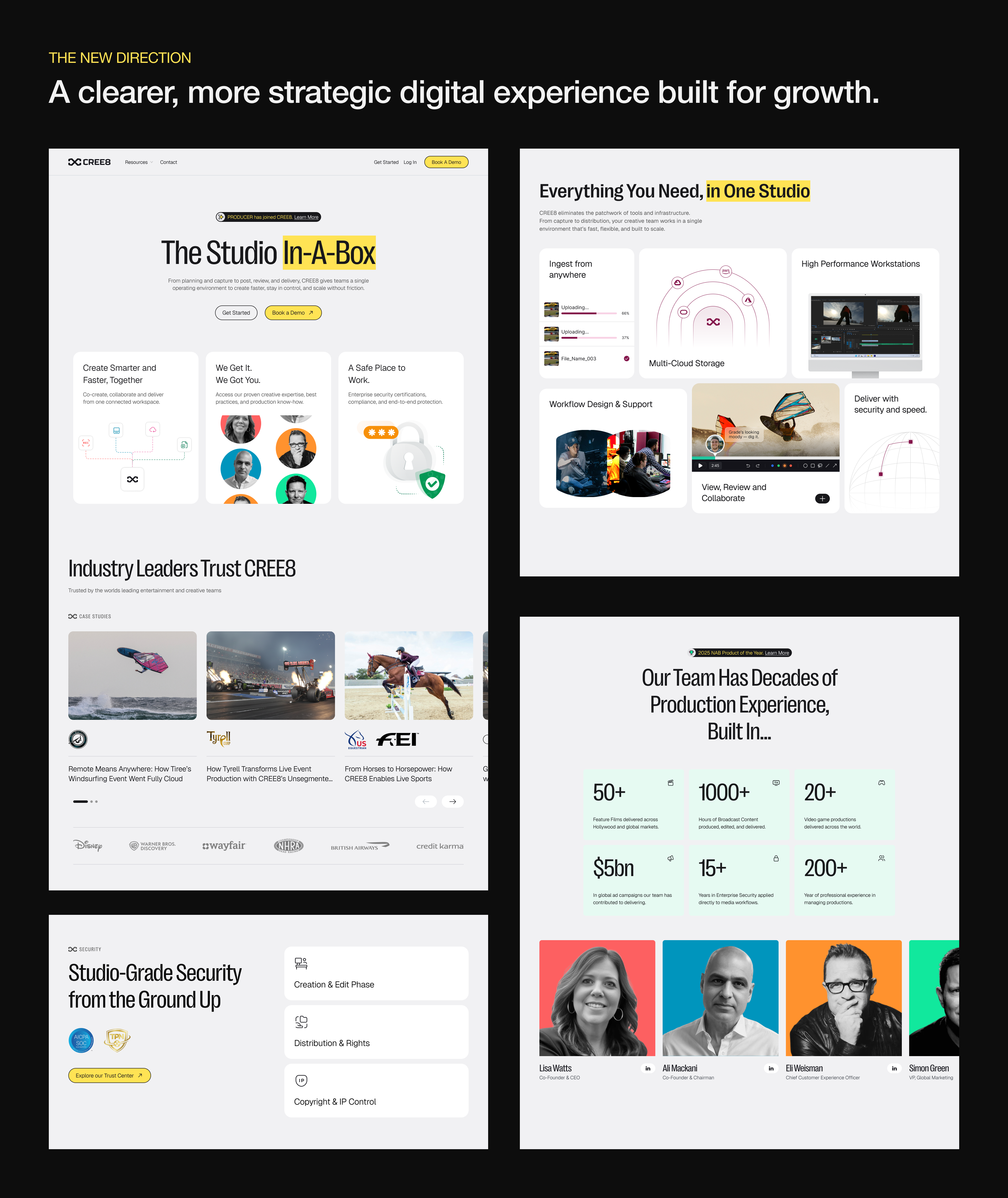 Digital marketing webpage showing CREE8 studio features, security, trusted industry leaders, and experienced team statistics.