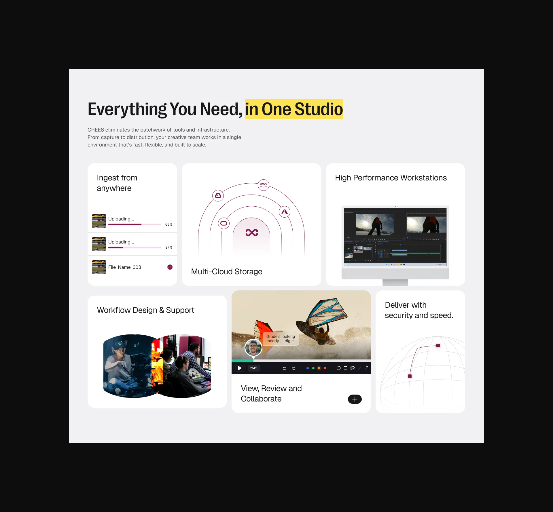 CREE8 homepage featuring The Studio In-A-Box with options to get started or book a demo and sections on collaboration, expertise, and security.